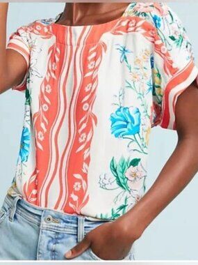 Maeve by Anthropologie White Romina Scarf Printed Floral Blouse Size M